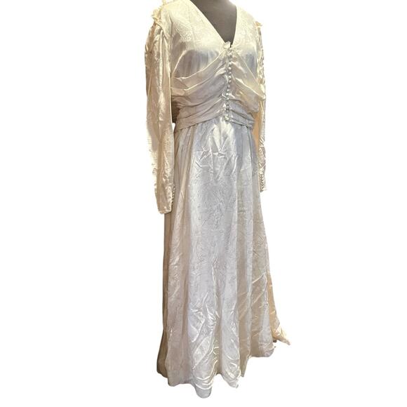 Vtg Romantic Satin Tonal Floral Button Back Sleeved Maxi Bridal Gown L Regency - Picture 1 of 8